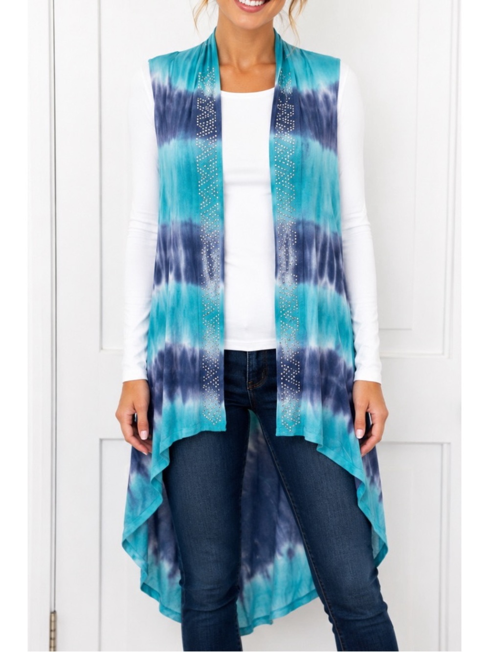 VOCAL sleeveless tie-dye Vest/Shawl w/ a high-low hem & rhinestone embellishment